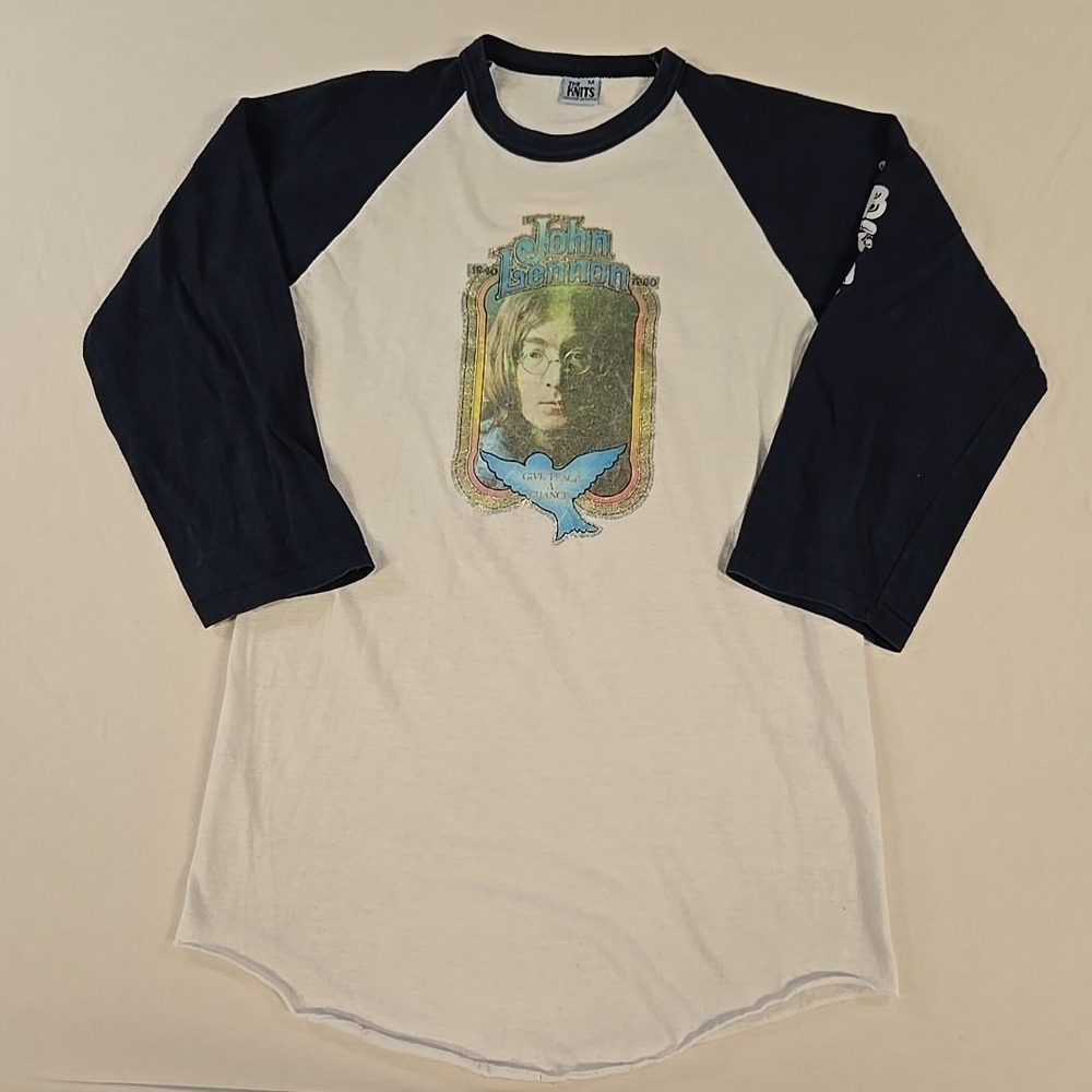 Vintage 80s John Lennon Memorial Raglan T-Shirt Size Medium Baseball 3/4 Sleeve